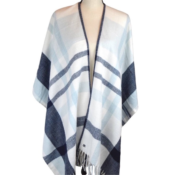 Banana Republic Other - Banana Republic Wrap Kimono Blanket Soft Cashmere Blend Plaid Blue Fringe